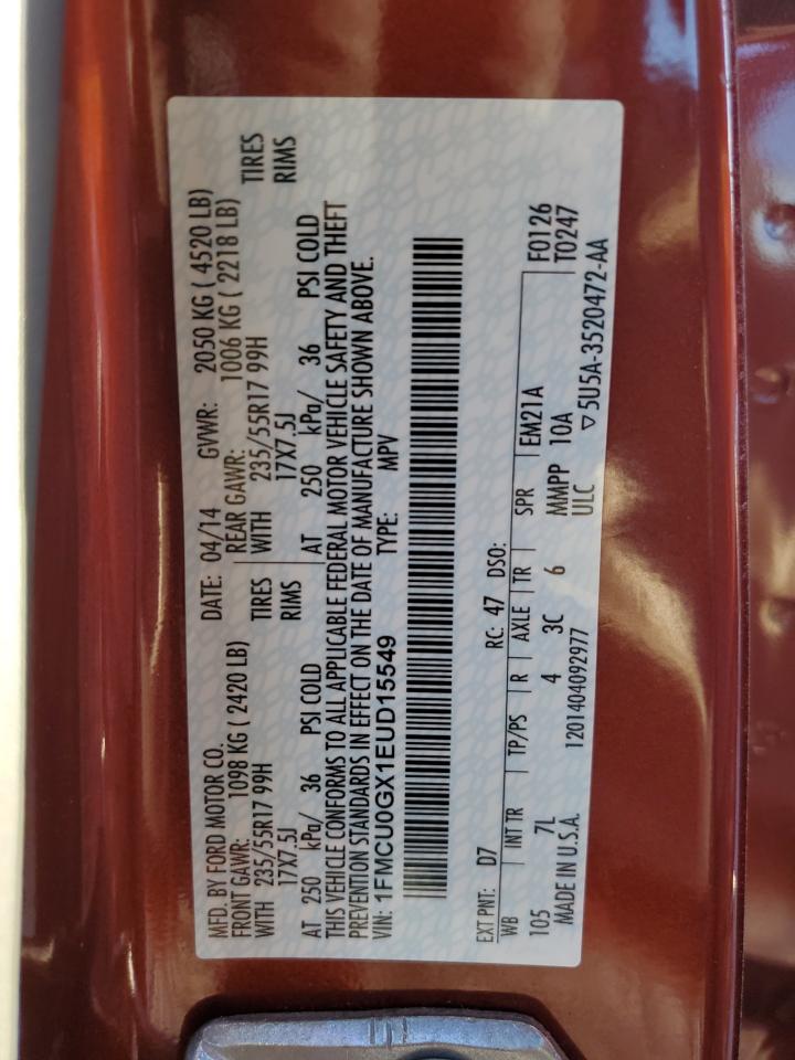 2014 Ford Escape VIN 1FMCU0GX1EUD15549 Copart auction photo, front end damage thumbnail 12