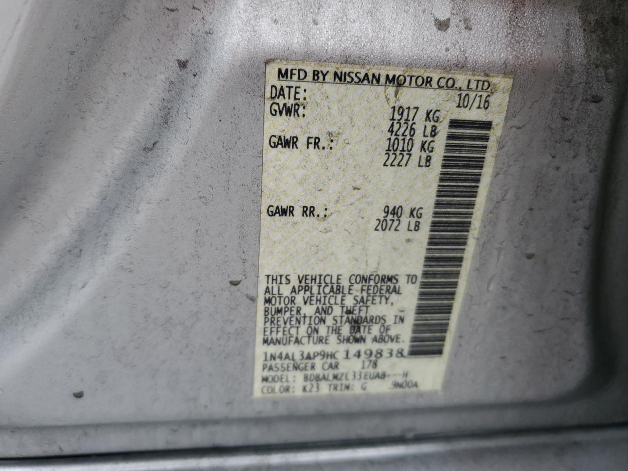 2017 Nissan Altima VIN 1N4AL3AP9HC149838 Copart auction photo, front end damage thumbnail 14
