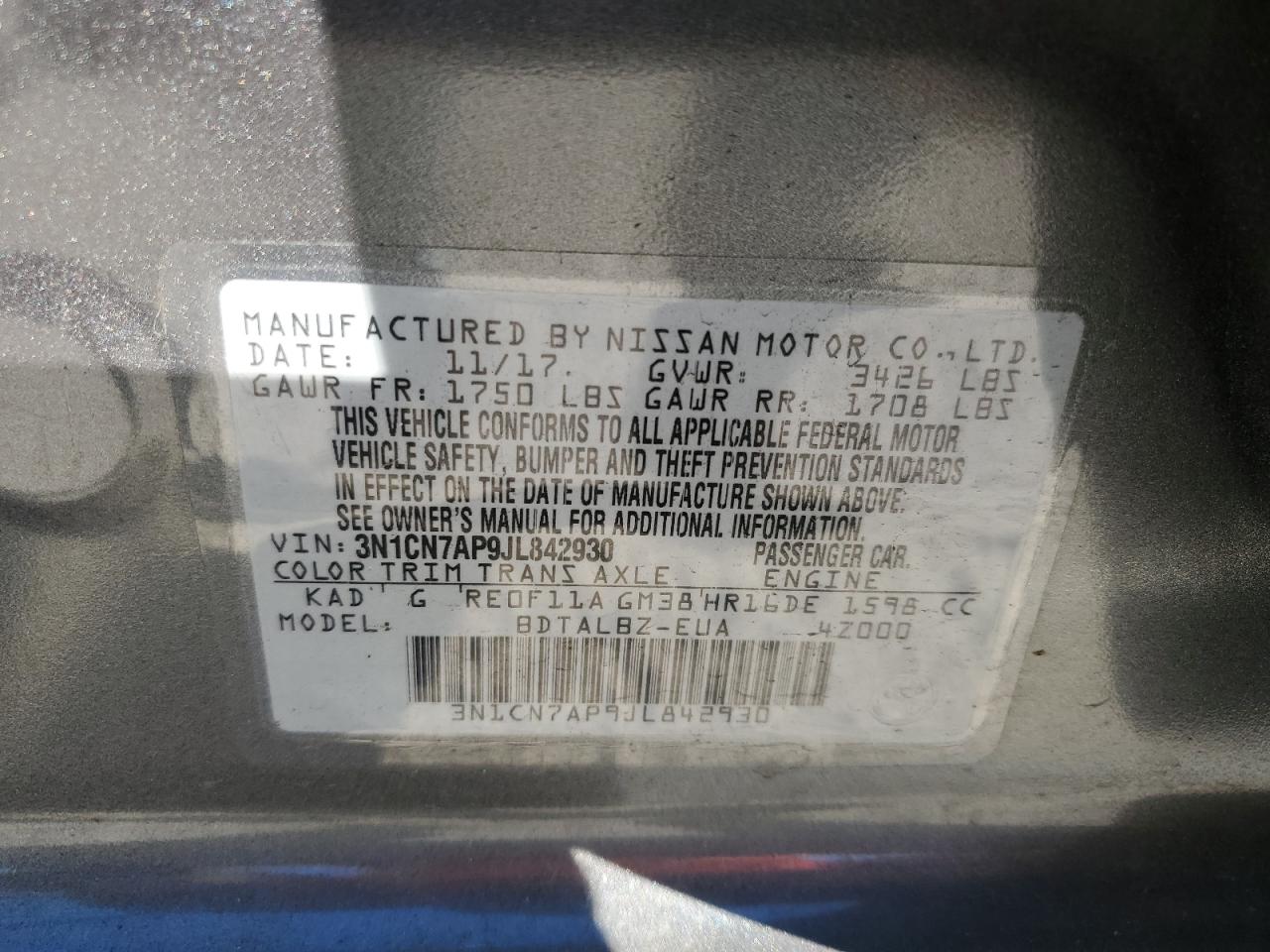 2018 Nissan Versa VIN 3N1CN7AP9JL842930 Copart auction photo, front end damage thumbnail 13