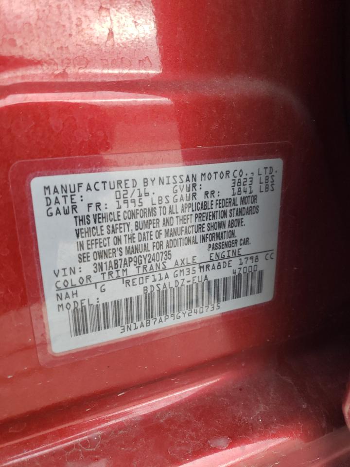 2016 Nissan Sentra VIN 3N1AB7AP9GY240735 Copart auction photo, rear end / hail damage thumbnail 12