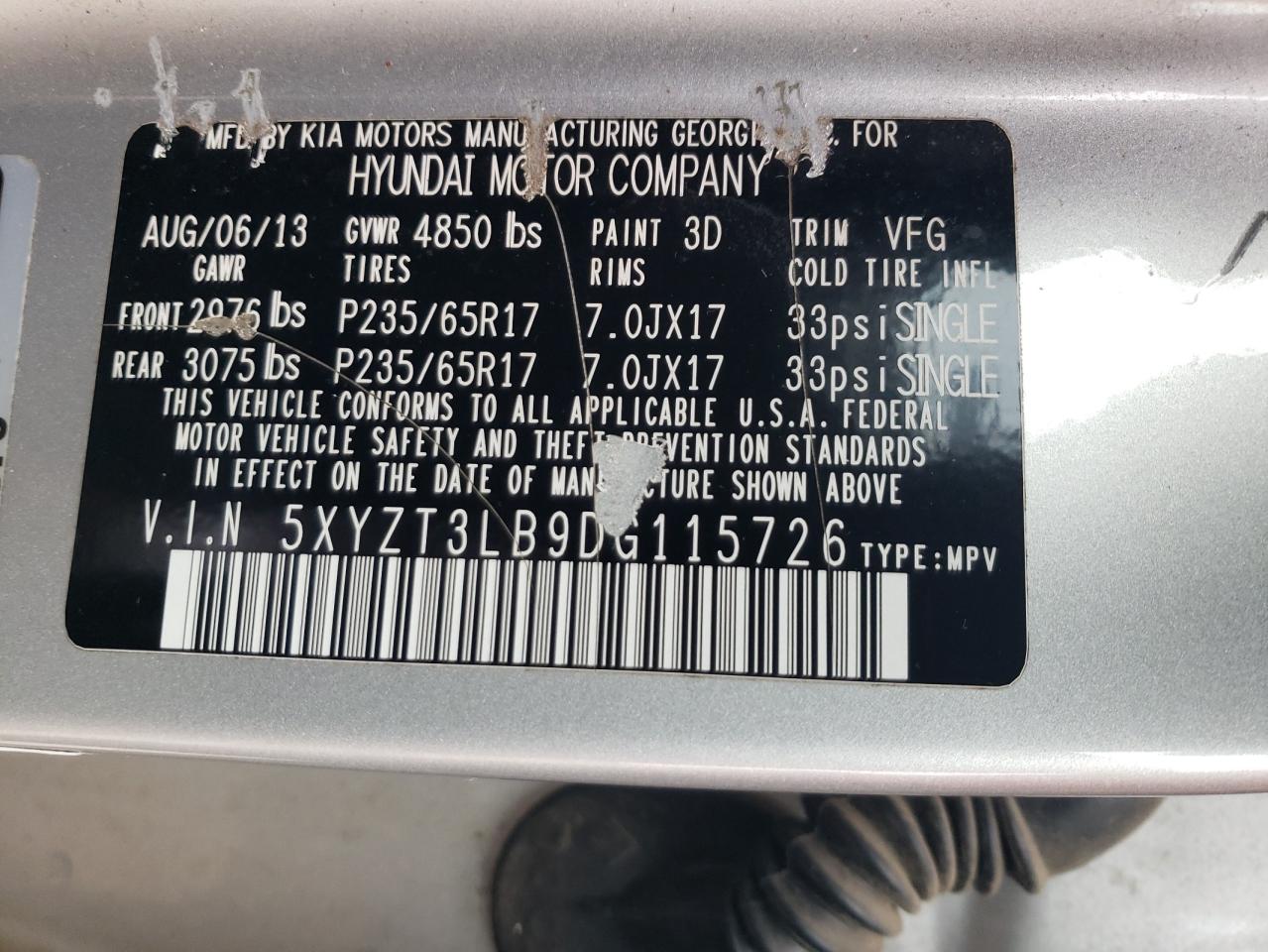 2013 Hyundai Santa Fe VIN 5XYZT3LB9DG115726 Copart auction photo, front end damage thumbnail 14