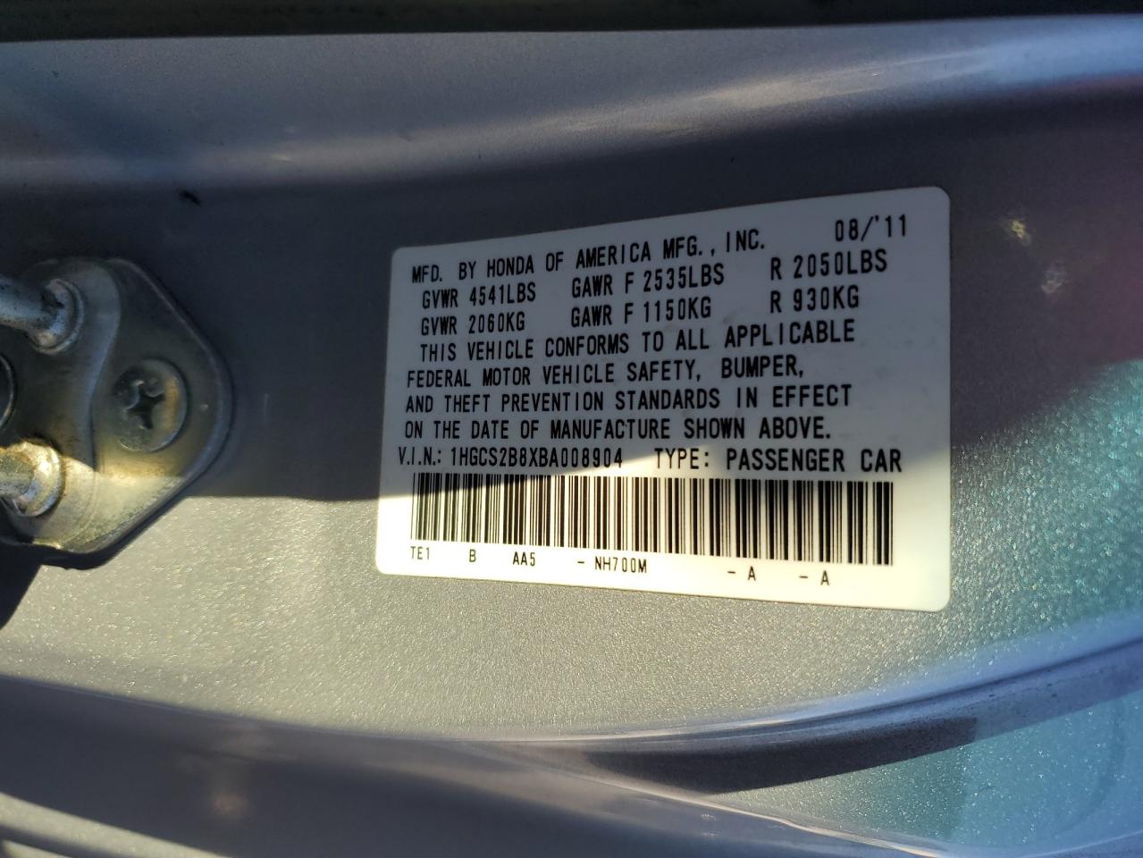 2011 Honda Accord VIN 1HGCS2B8XBA008904 Copart auction photo, all over damage thumbnail 12