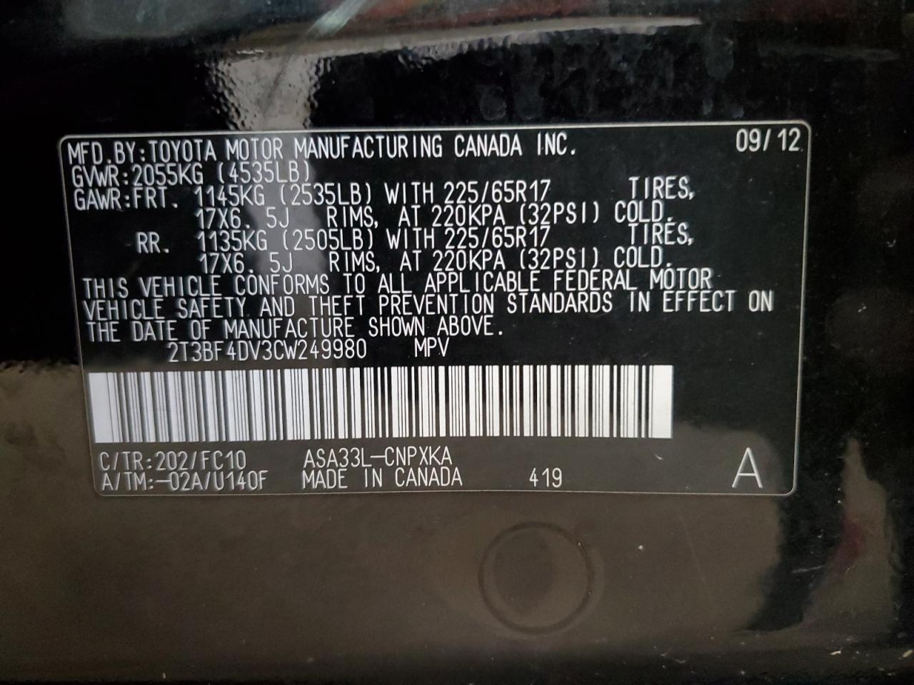 2012 Toyota RAV 4 VIN 2T3BF4DV3CW249980 Copart auction photo, front end / undercarriage damage thumbnail 16