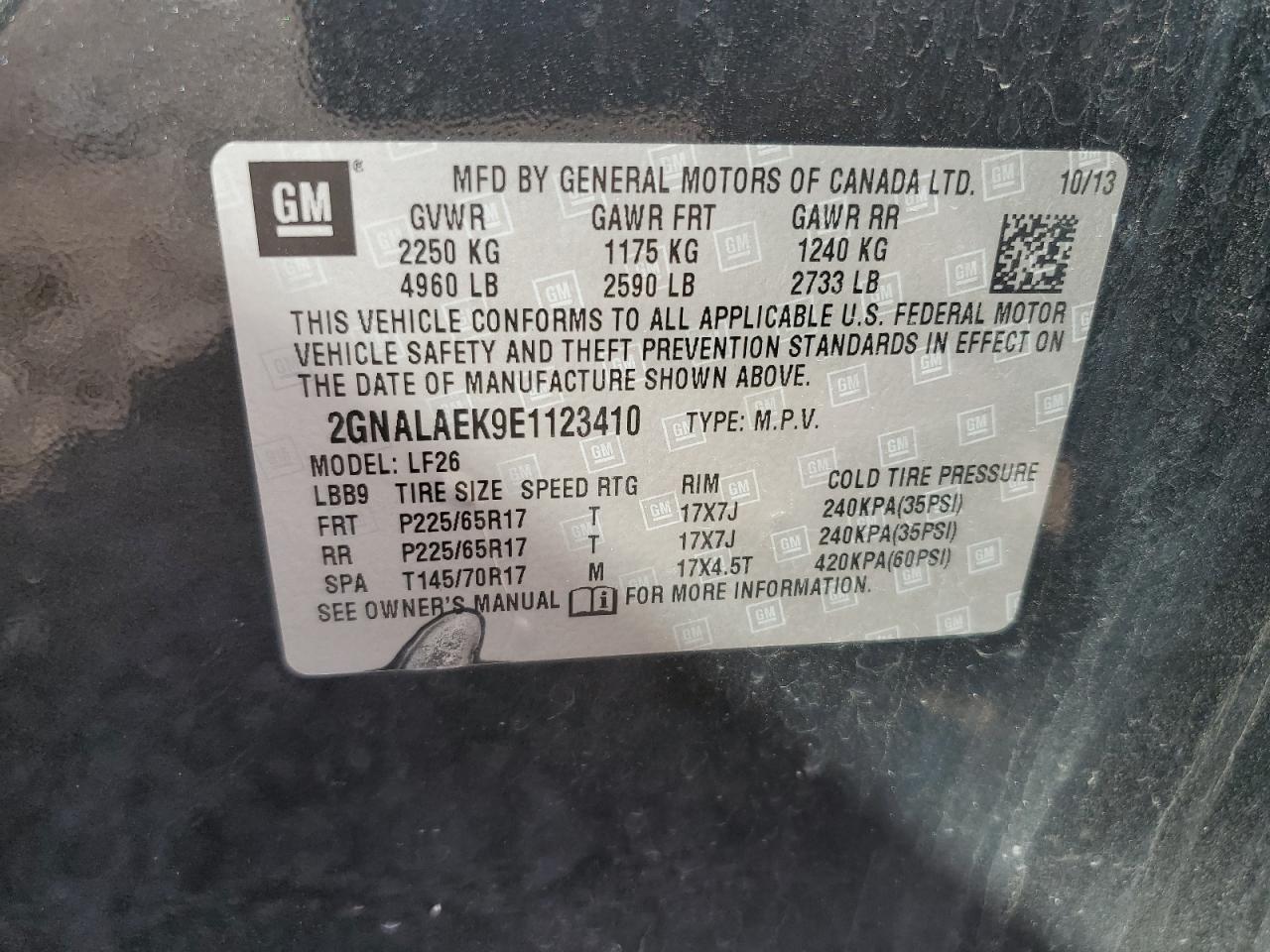 2014 Chevrolet Equinox VIN 2GNALAEK9E1123410 Copart auction photo, side damage thumbnail 12