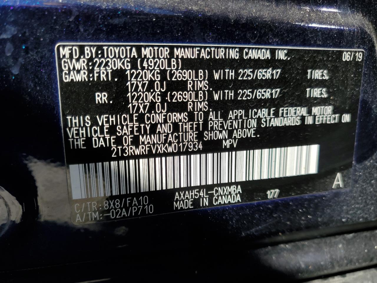 2019 Toyota RAV 4 VIN 2T3RWRFVXKW017934 Copart auction photo, all over damage thumbnail 16