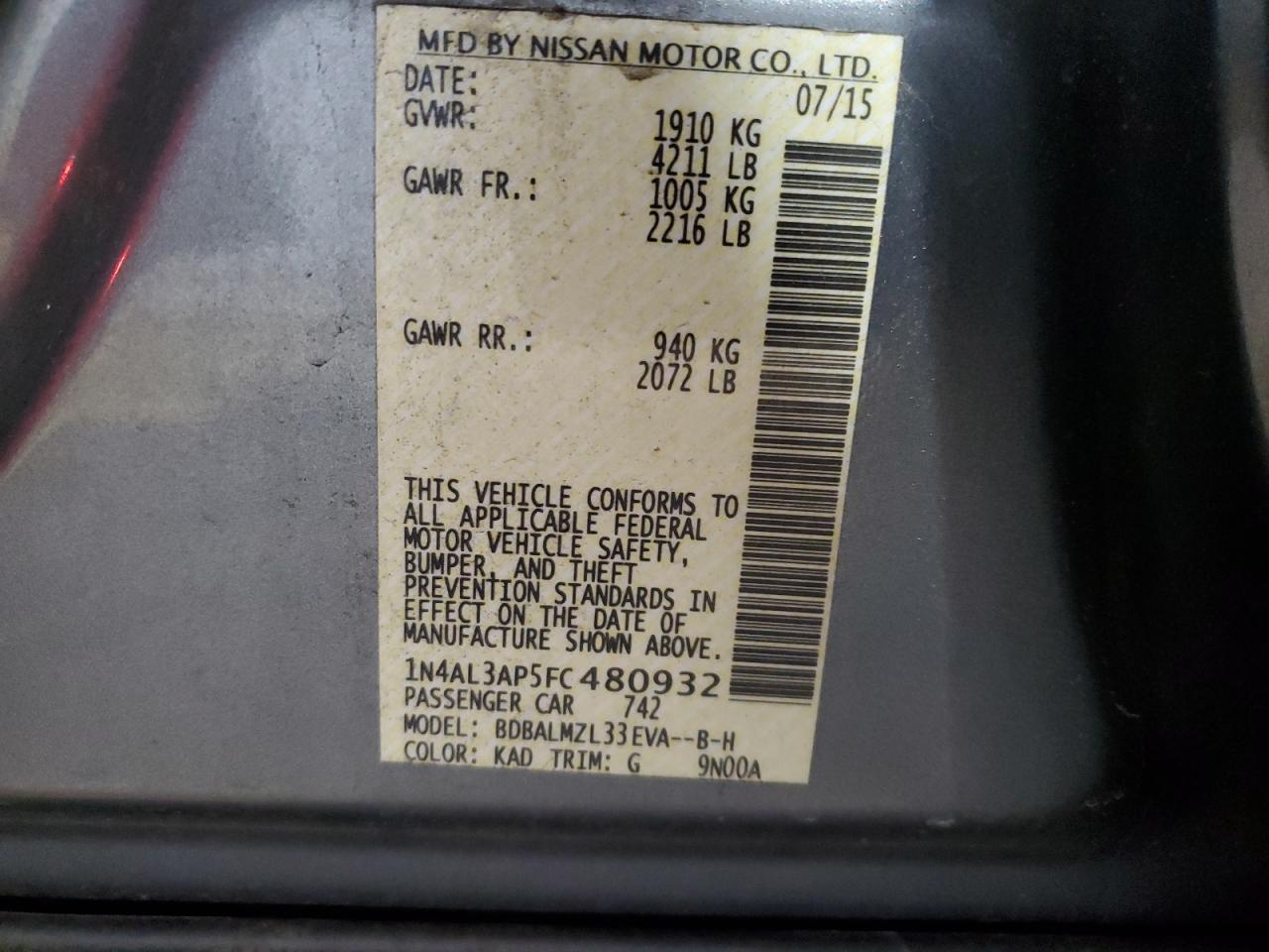 2015 Nissan Altima VIN 1N4AL3AP5FC480932 Copart auction photo, rear end damage thumbnail 12