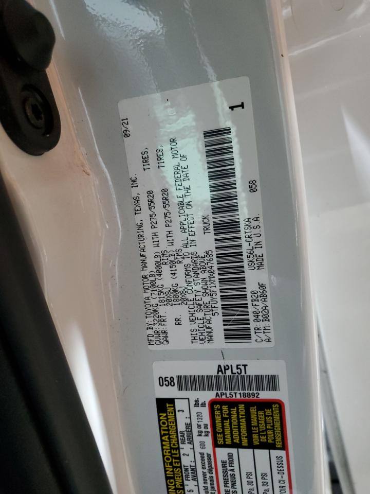 2021 Toyota Tundra VIN 5TFUY5F1XMX047685 Copart auction photo, all over / minor dent/scratches damage thumbnail 12