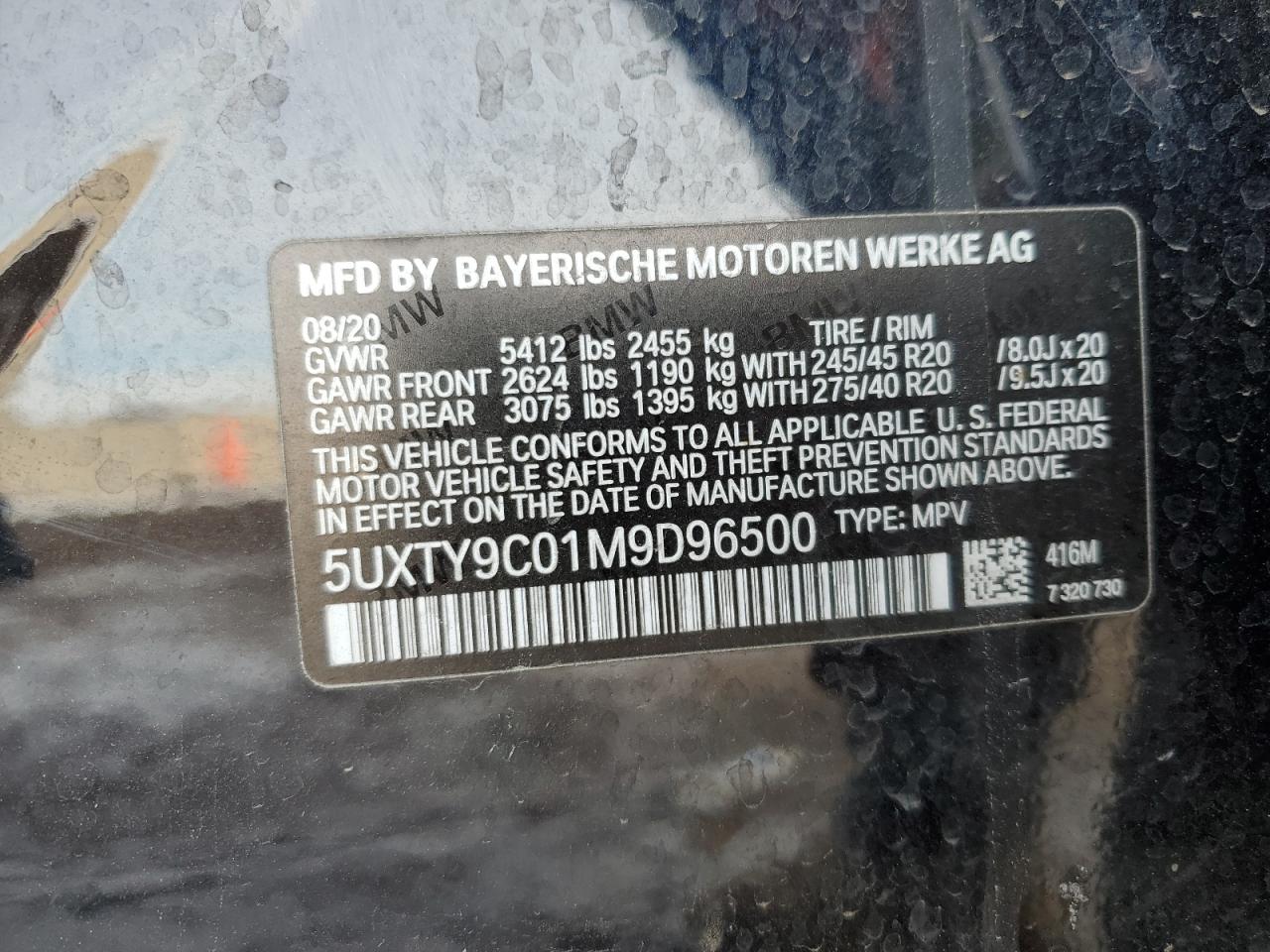 2021 BMW X3 VIN 5UXTY9C01M9D96500 Copart auction photo, side / rear end damage thumbnail 13