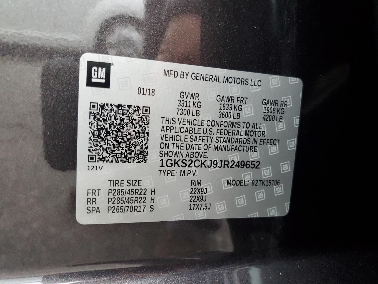 2018 GMC Yukon VIN 1GKS2CKJ9JR249652 Copart auction photo, burn / minor dent/scratches damage thumbnail 13