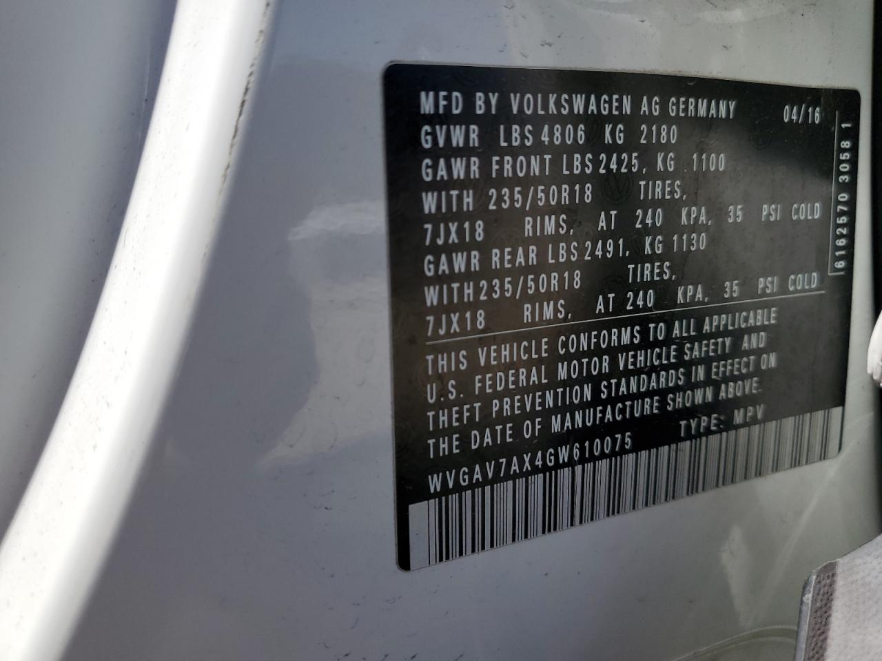 2016 Volkswagen Tiguan VIN WVGAV7AX4GW610075 Copart auction photo, front end / rear end damage thumbnail 14