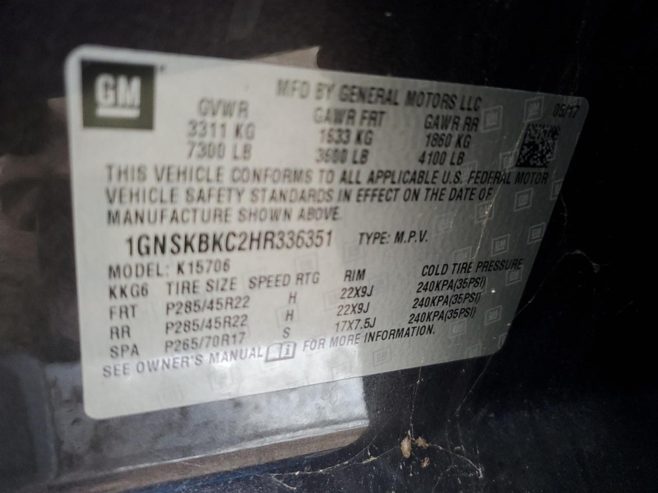 2017 Chevrolet Tahoe VIN 1GNSKBKC2HR336351 Copart auction photo, rear end / front end damage thumbnail 13
