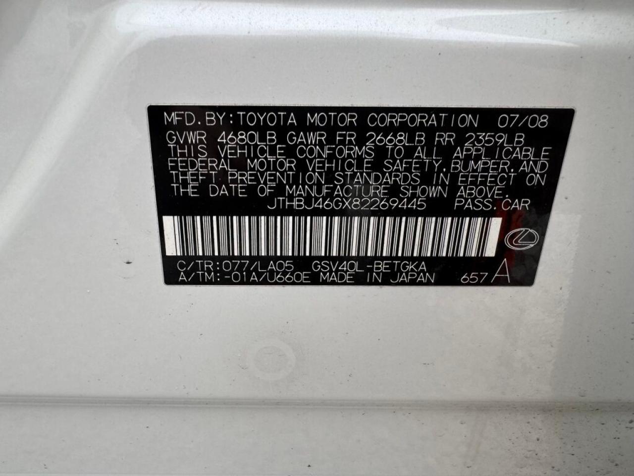 2008 Lexus ES VIN JTHBJ46GX82269445 Copart auction photo, rear end damage thumbnail 12