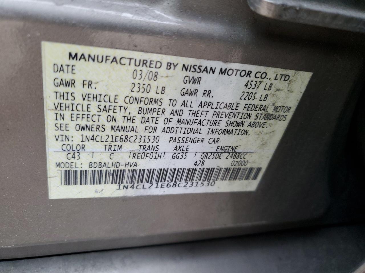 2008 Nissan Altima VIN 1N4CL21E68C231530 Copart auction photo, front end damage thumbnail 14