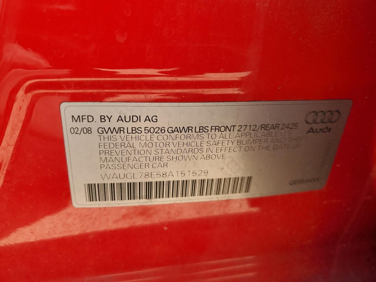 2008 Audi RS4 VIN WAUGL78E58A151529 Copart auction photo, front end damage thumbnail 12