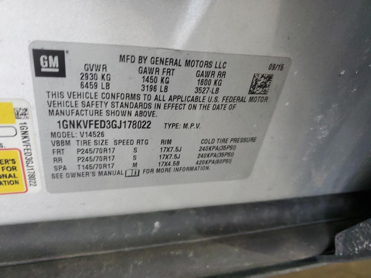2016 Chevrolet Traverse VIN 1GNKVFED3GJ178022 Copart auction photo, front end / minor dent/scratches damage thumbnail 13