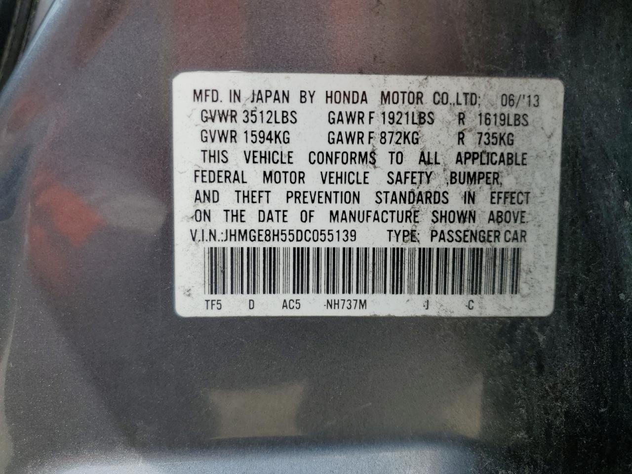 2013 Honda Fit VIN JHMGE8H55DC055139 Copart auction photo, rear end damage thumbnail 12