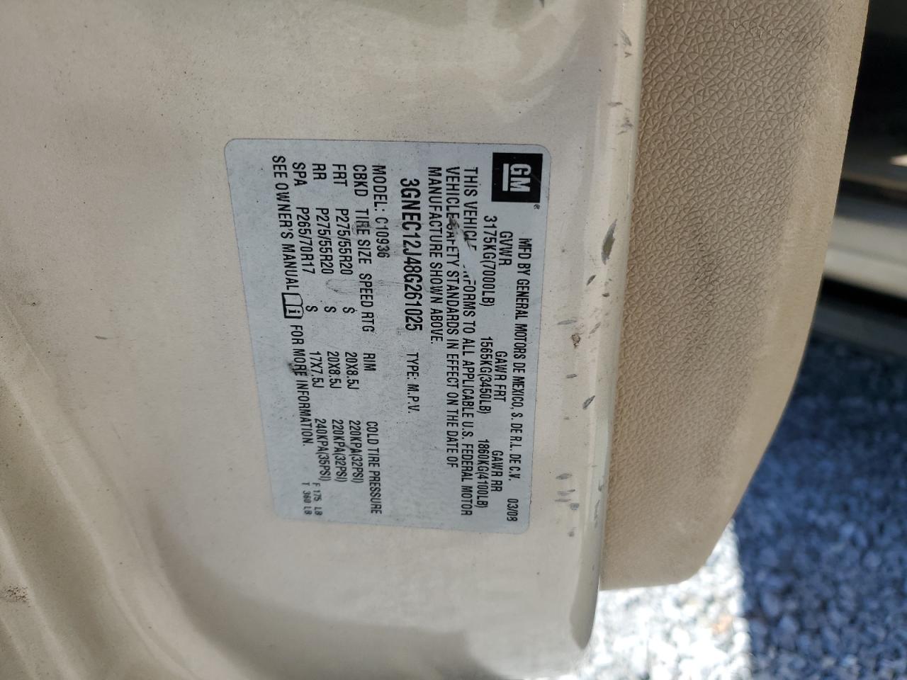 2008 Chevrolet Avalanche VIN 3GNEC12J48G261025 Copart auction photo, side / normal wear damage thumbnail 12