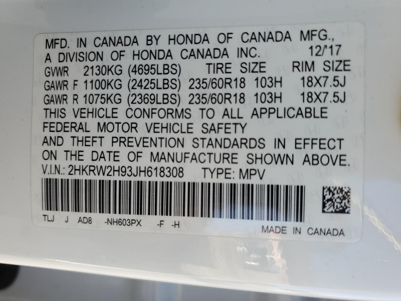 2018 Honda CR-V VIN 2HKRW2H93JH618308 Copart auction photo, front end damage thumbnail 14