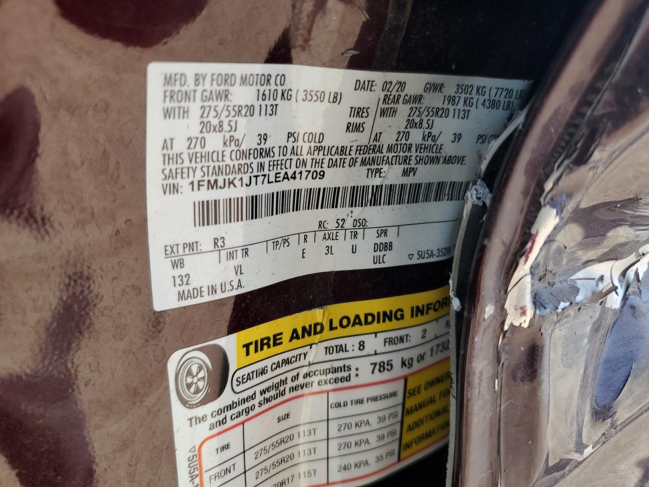 2020 Ford Expedition VIN 1FMJK1JT7LEA41709 Copart auction photo, side / minor dent/scratches damage thumbnail 14