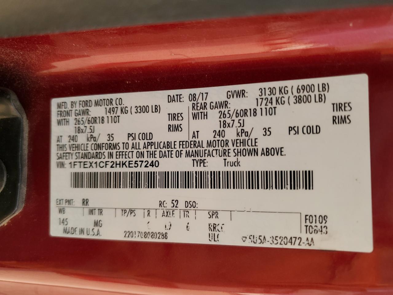 2017 Ford F-150 VIN 1FTEX1CF2HKE57240 Copart auction photo, front end / rear end damage thumbnail 13