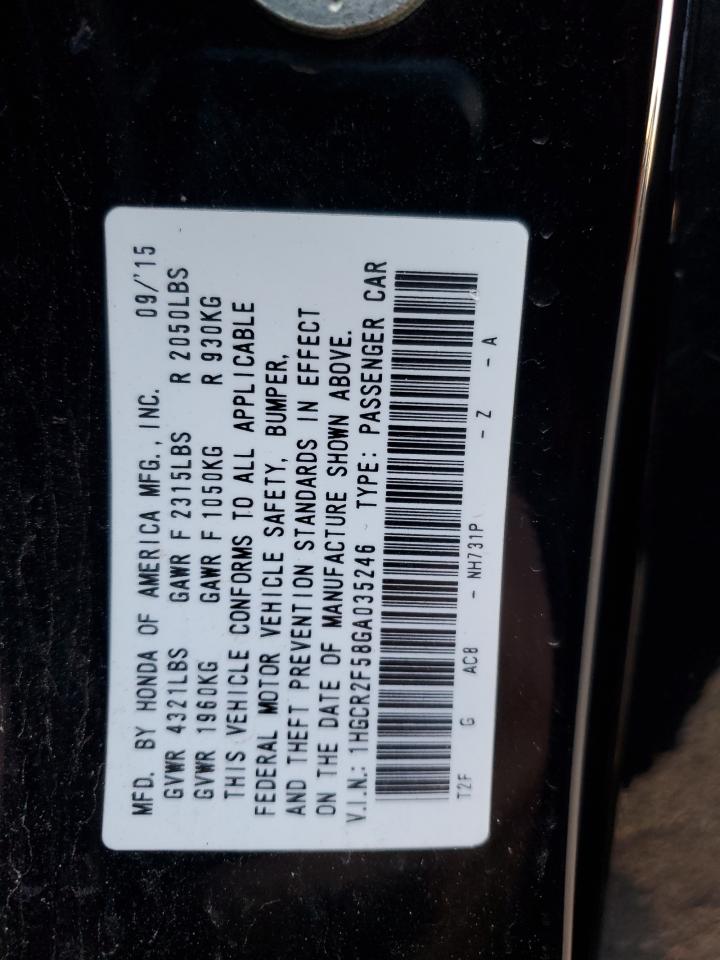2016 Honda Accord VIN 1HGCR2F58GA035246 Copart auction photo, water/flood damage thumbnail 12