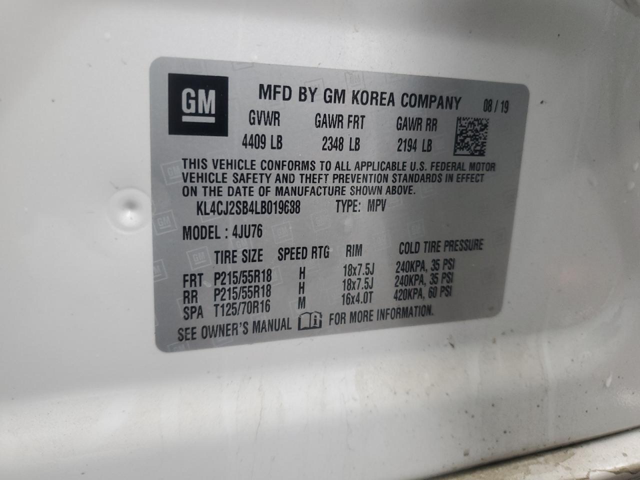 2020 Buick Encore VIN KL4CJ2SB4LB019688 Copart auction photo, front end / minor dent/scratches damage thumbnail 13