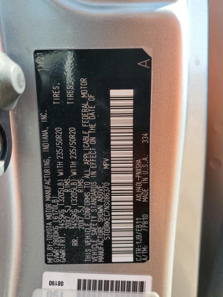 2022 Toyota Sienna VIN 5TDDRKEC7NS086370 Copart auction photo, rear end damage thumbnail 14