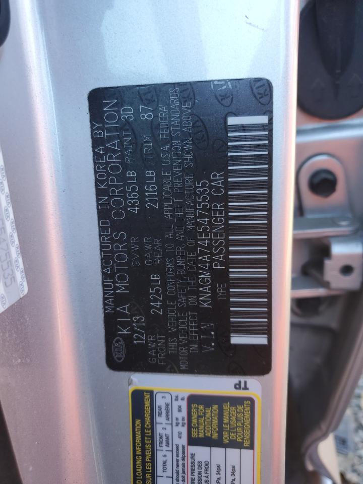 2014 KIA Optima VIN KNAGM4A74E5475535 Copart auction photo, front end damage thumbnail 12