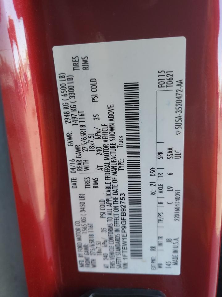 2016 Ford F-150 VIN 1FTEW1EP9GFB92753 Copart auction photo, frame damage damage thumbnail 13