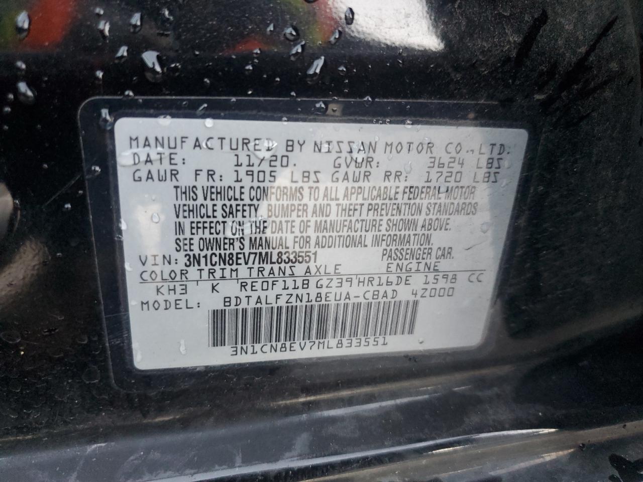 2021 Nissan Versa VIN 3N1CN8EV7ML833551 Copart auction photo, rear end damage thumbnail 12