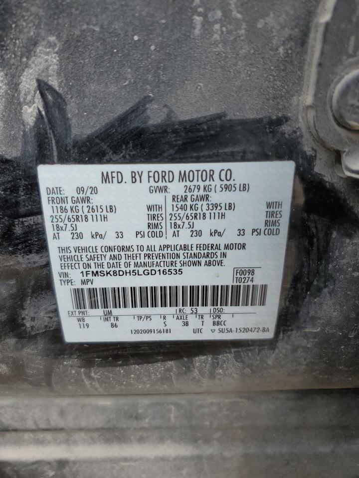 2020 Ford Explorer VIN 1FMSK8DH5LGD16535 Copart auction photo, rollover / hail damage thumbnail 13