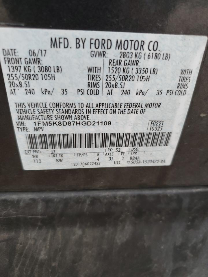 2017 Ford Explorer VIN 1FM5K8D87HGD21109 Copart auction photo, front end damage thumbnail 14