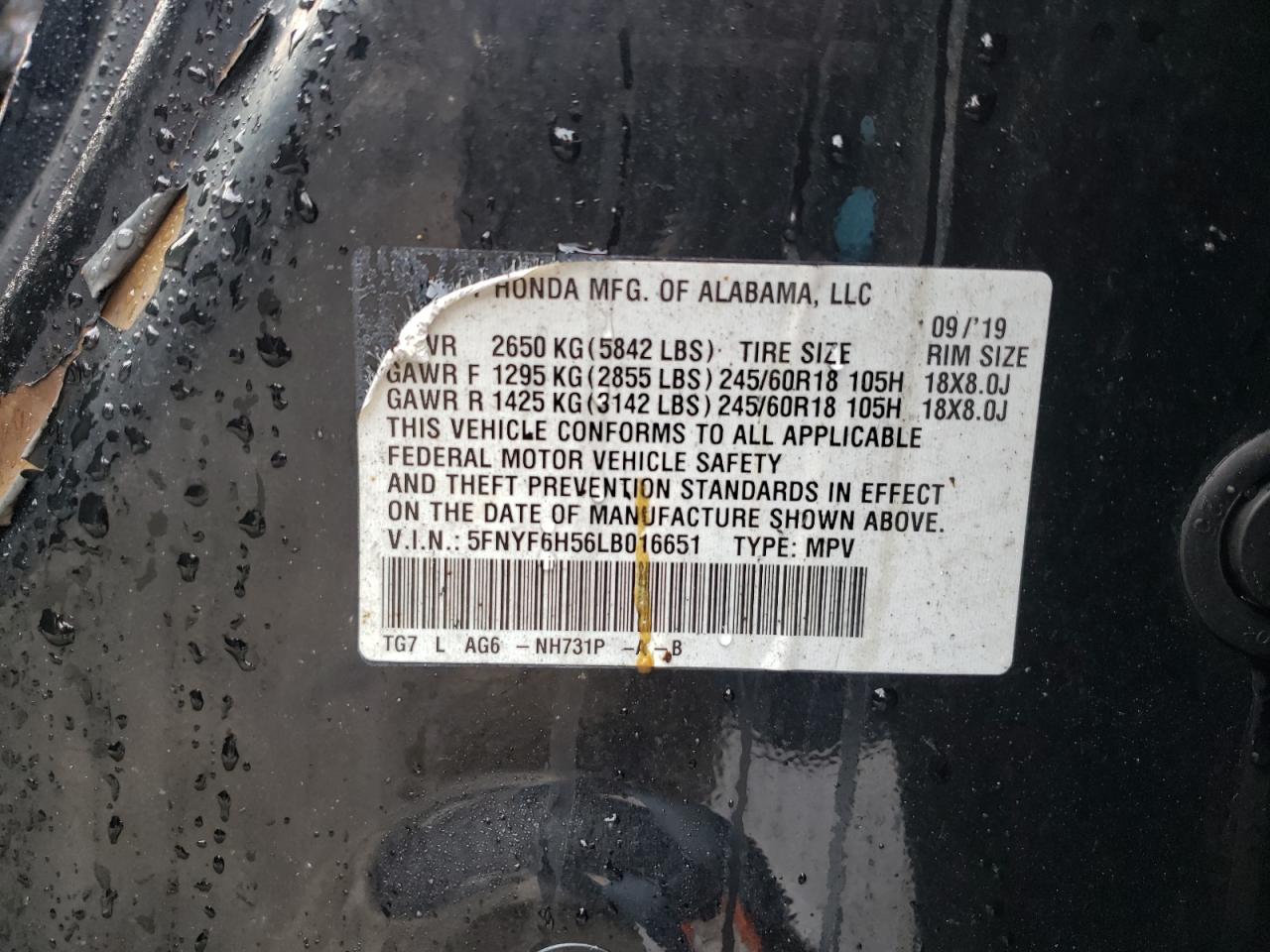 2020 Honda Pilot VIN 5FNYF6H56LB016651 Copart auction photo, burn - engine / burn - interior damage thumbnail 12