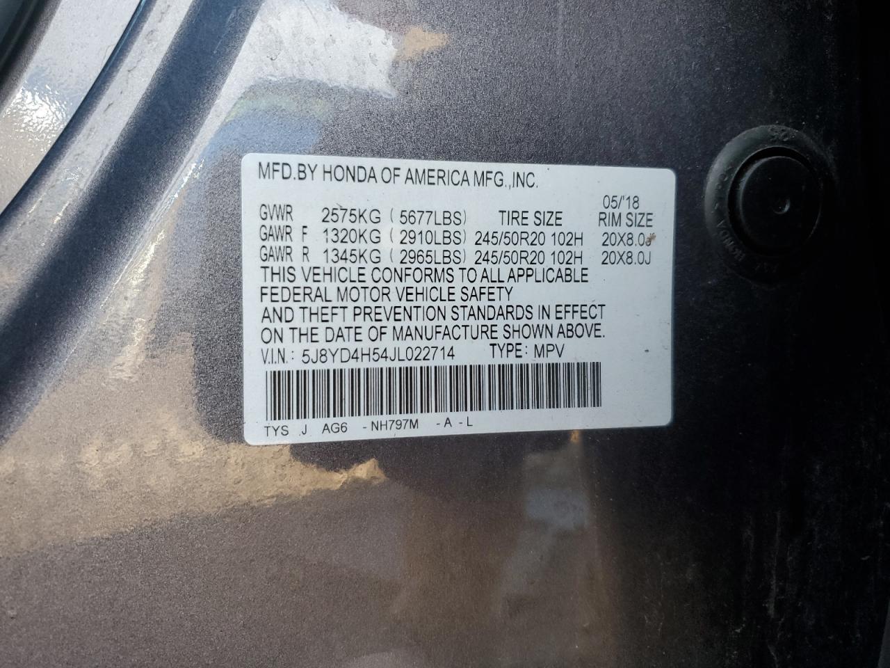 2018 Acura MDX VIN 5J8YD4H54JL022714 Copart auction photo, rear end damage thumbnail 15