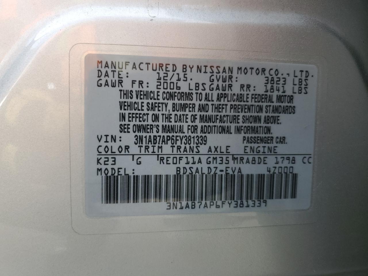 2015 Nissan Sentra VIN 3N1AB7AP6FY381339 Copart auction photo, front end damage thumbnail 13