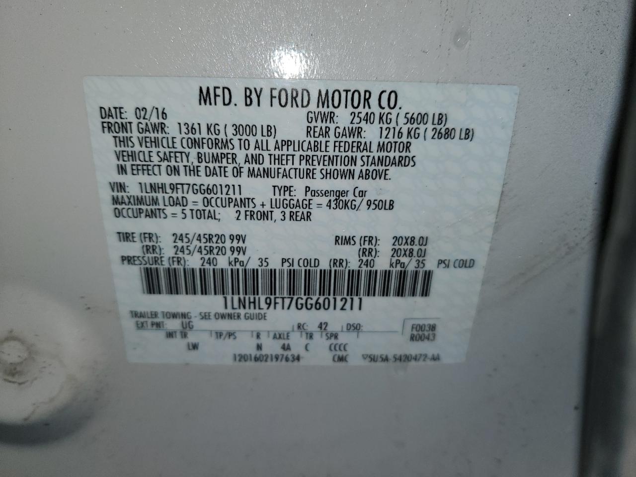 2016 Lincoln MKS VIN 1LNHL9FT7GG601211 Copart auction photo, side damage thumbnail 12