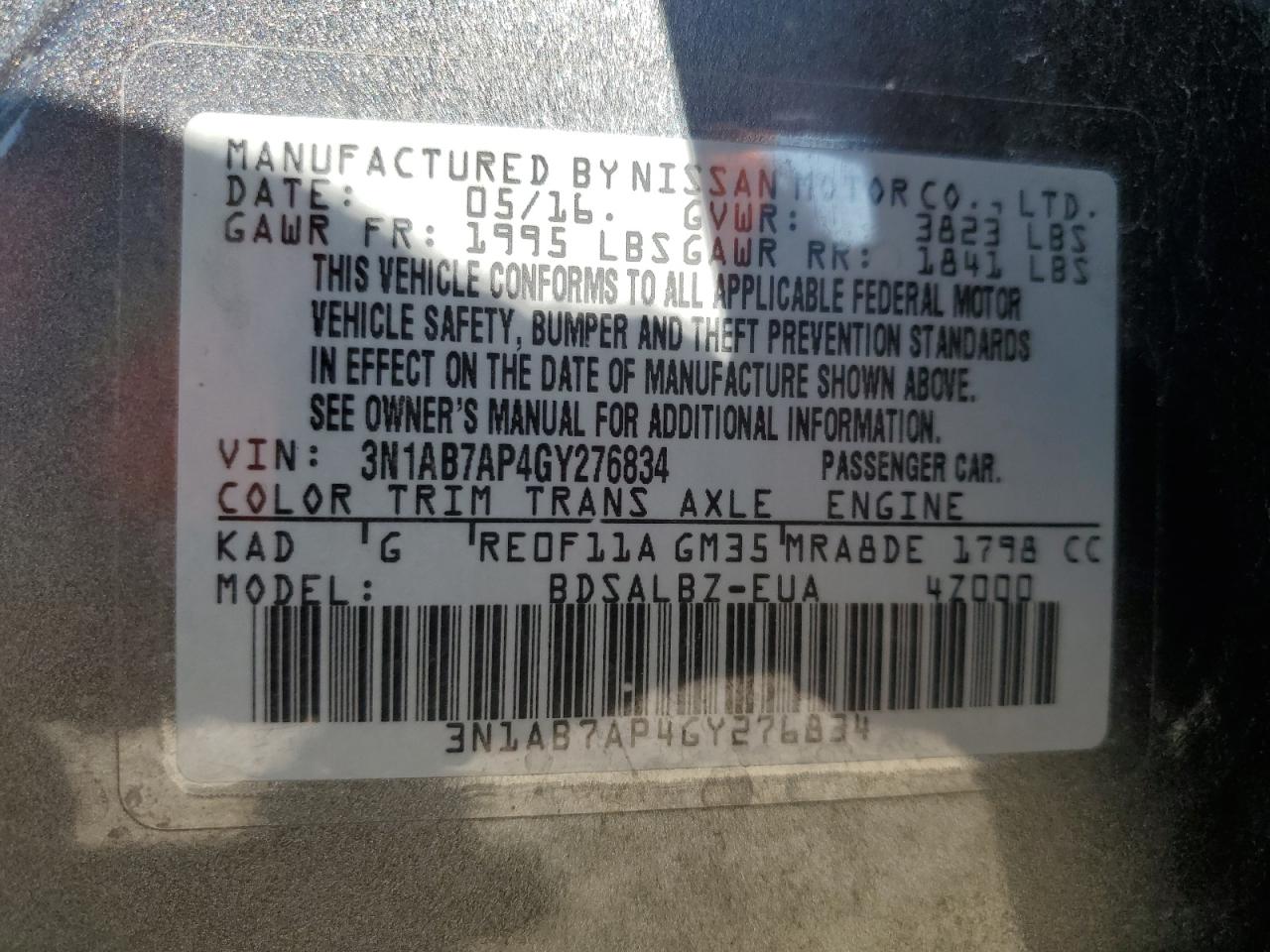 2016 Nissan Sentra VIN 3N1AB7AP4GY276834 Copart auction photo, front end / minor dent/scratches damage thumbnail 15