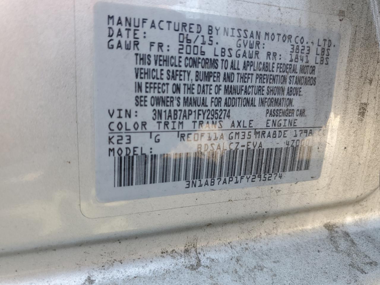 2015 Nissan Sentra VIN 3N1AB7AP1FY295274 Copart auction photo, front end damage thumbnail 14