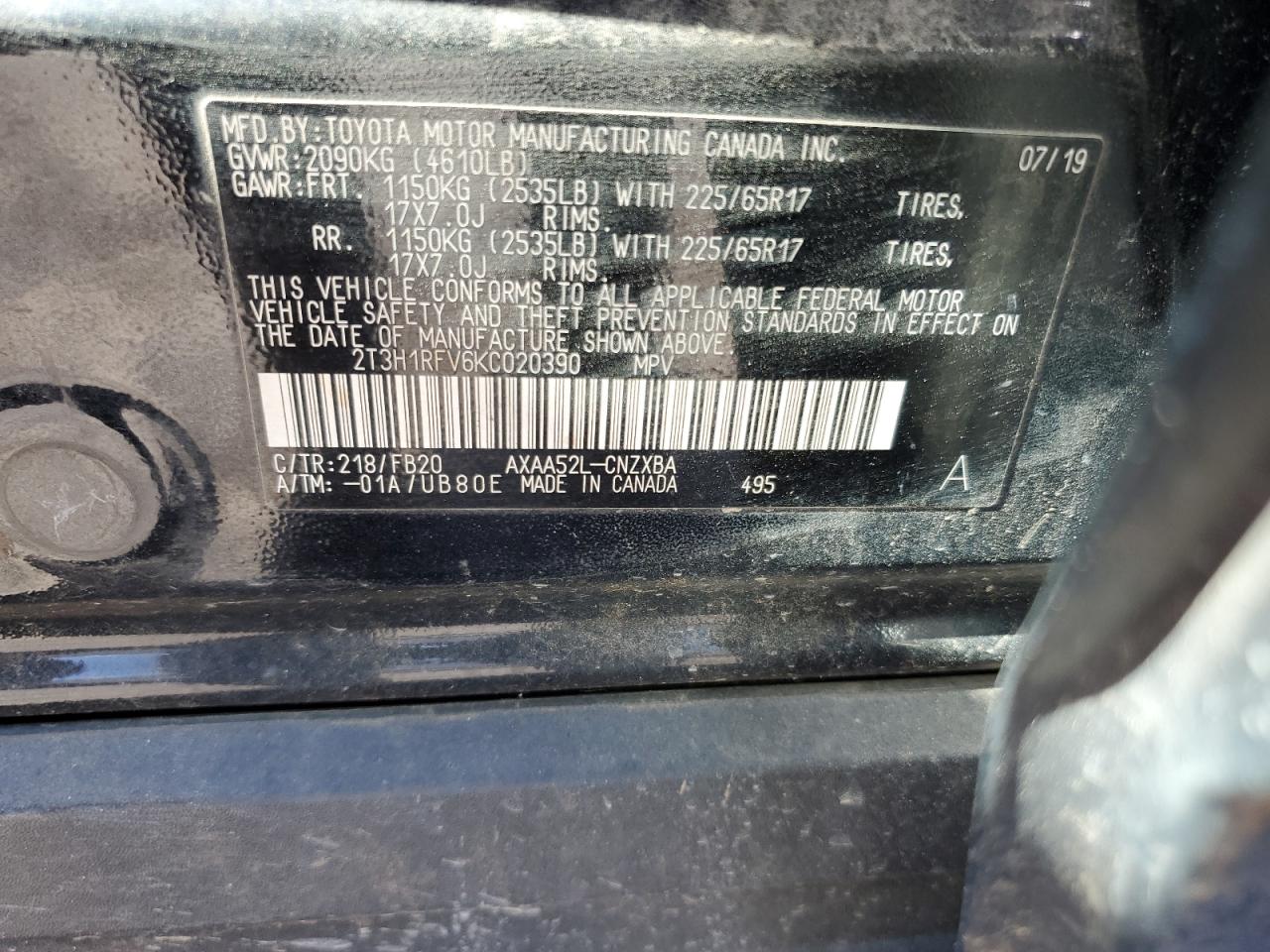 2019 Toyota RAV 4 VIN 2T3H1RFV6KC020390 Copart auction photo, front end / minor dent/scratches damage thumbnail 16