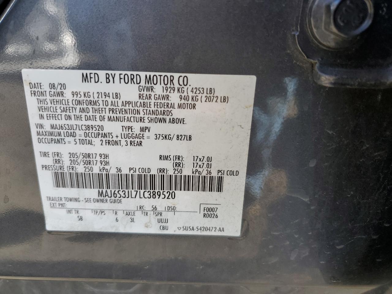 2020 Ford EcoSport VIN MAJ6S3JL7LC389520 Copart auction photo, side / front end damage thumbnail 15