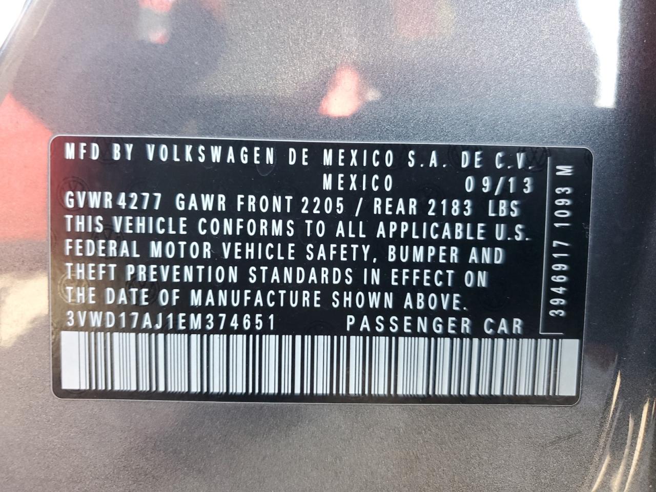 2014 Volkswagen Jetta VIN 3VWD17AJ1EM374651 Copart auction photo, rear end damage thumbnail 12