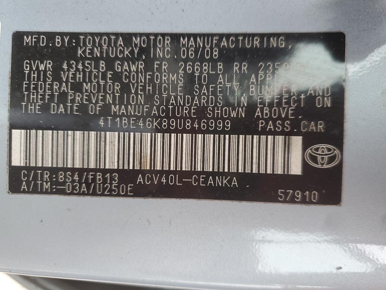 2009 Toyota Camry VIN 4T1BE46K89U846999 Copart auction photo, rollover damage thumbnail 14