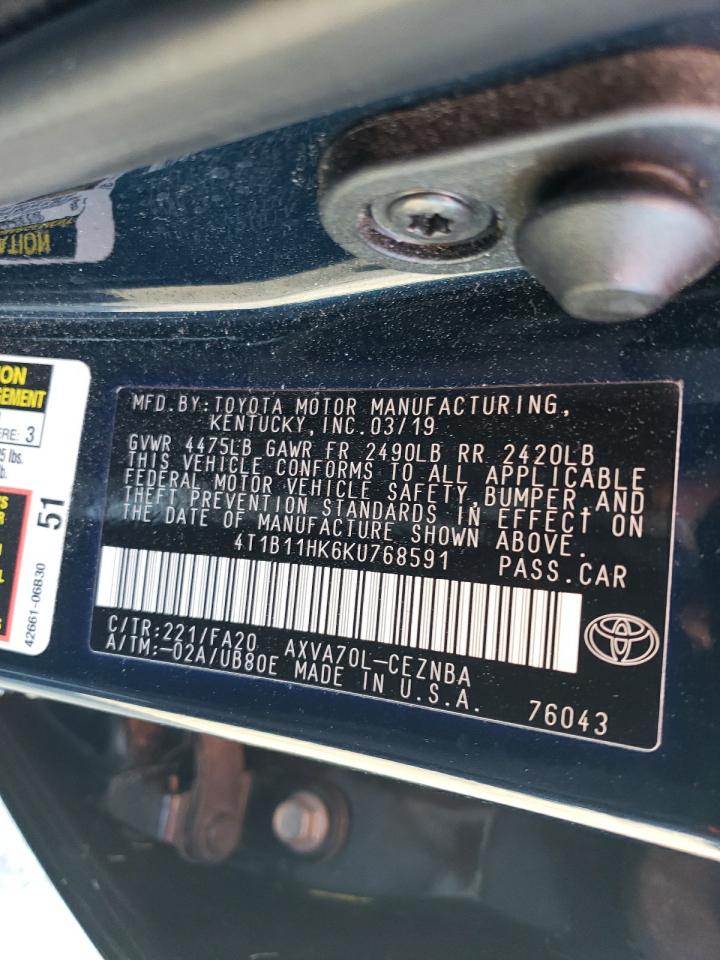 2019 Toyota Camry VIN 4T1B11HK6KU768591 Copart auction photo, front end damage thumbnail 15