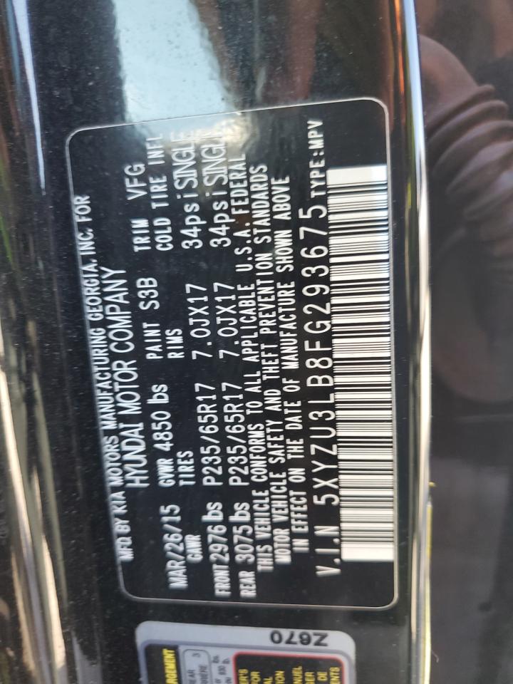 2015 Hyundai Santa Fe VIN 5XYZU3LB8FG293675 Copart auction photo, rear end / side damage thumbnail 13