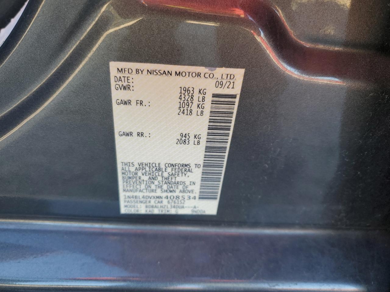 2021 Nissan Altima VIN 1N4BL4DVXMN408534 Copart auction photo, rear end damage thumbnail 12