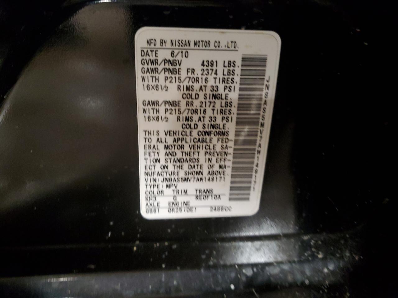 2010 Nissan Rogue VIN JN8AS5MV7AW149171 Copart auction photo, front end damage thumbnail 14