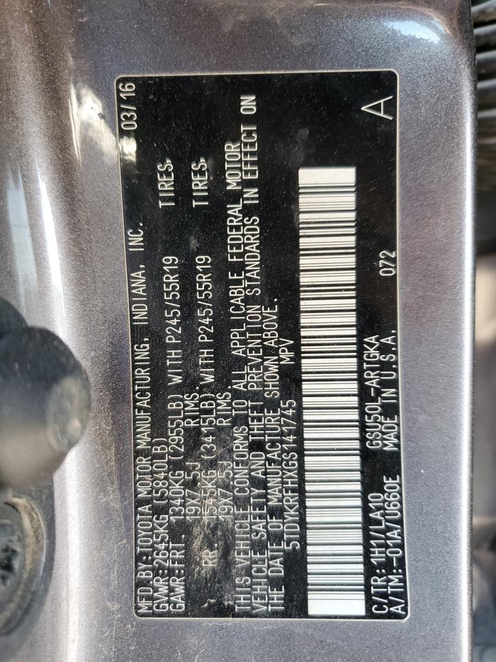 2016 Toyota Highlander VIN 5TDYKRFHXGS141745 Copart auction photo, front end / minor dent/scratches damage thumbnail 16