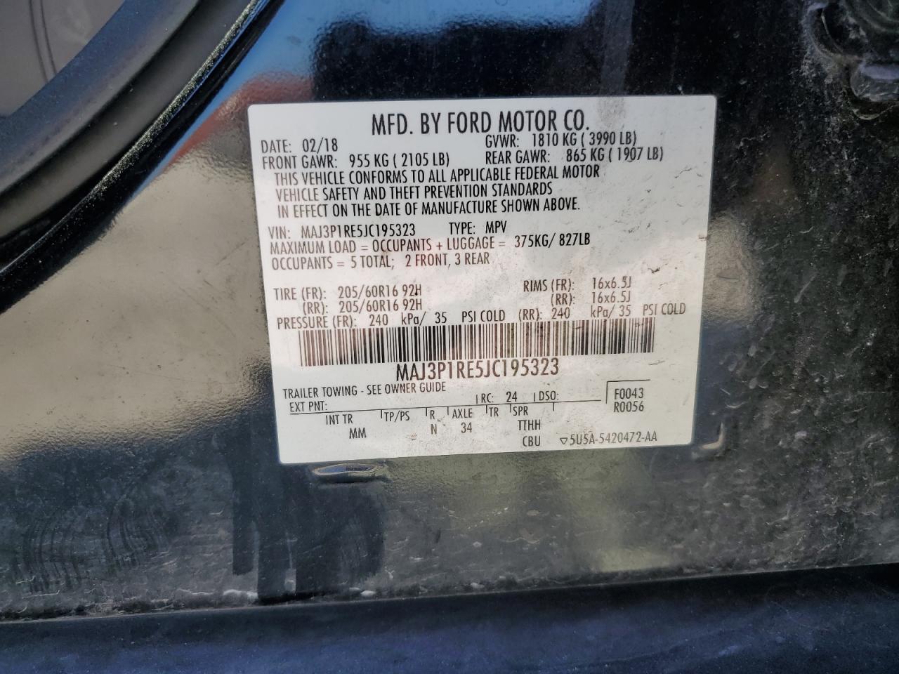 2018 Ford EcoSport VIN MAJ3P1RE5JC195323 Copart auction photo, water/flood damage thumbnail 13