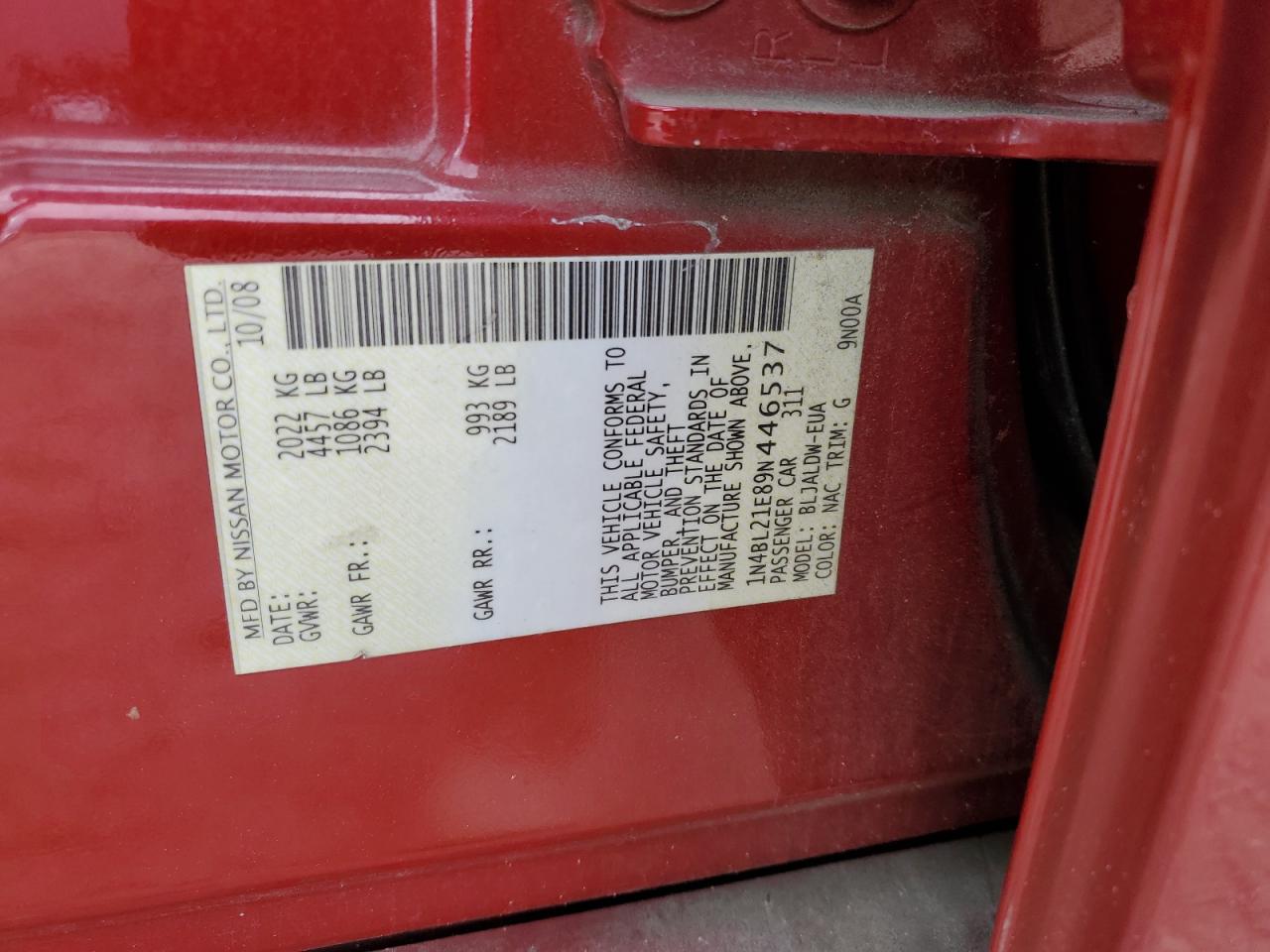 2009 Nissan Altima VIN 1N4BL21E89N446537 Copart auction photo, rear end damage thumbnail 12