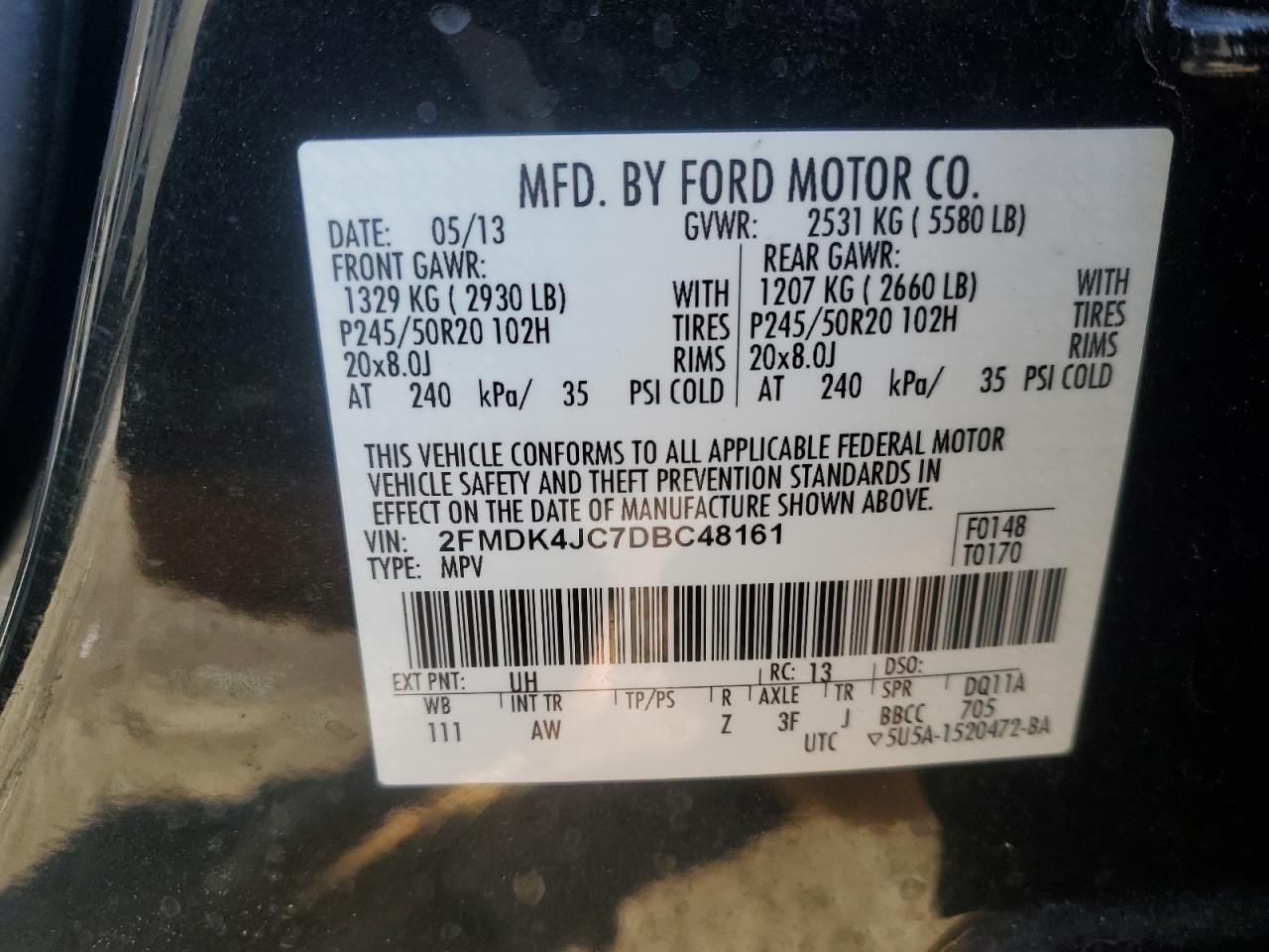 2013 Ford Edge VIN 2FMDK4JC7DBC48161 Copart auction photo, front end damage thumbnail 15